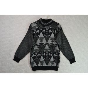 Fortune Knits Inc Women's Medium Silver Black Geometric Sweater VTG